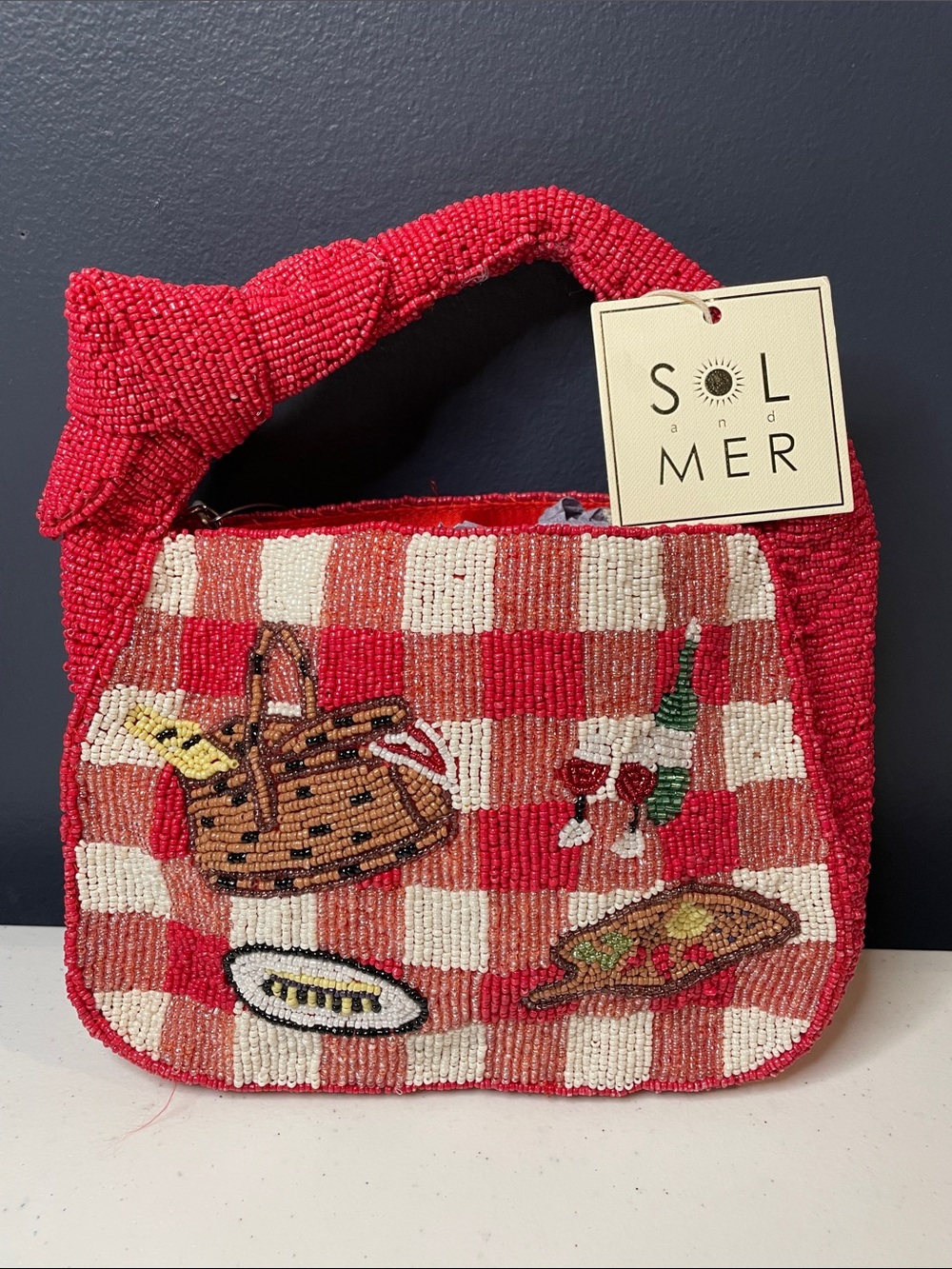 Sol & Mer Red Check Picnic Beaded Shoulder Bag
